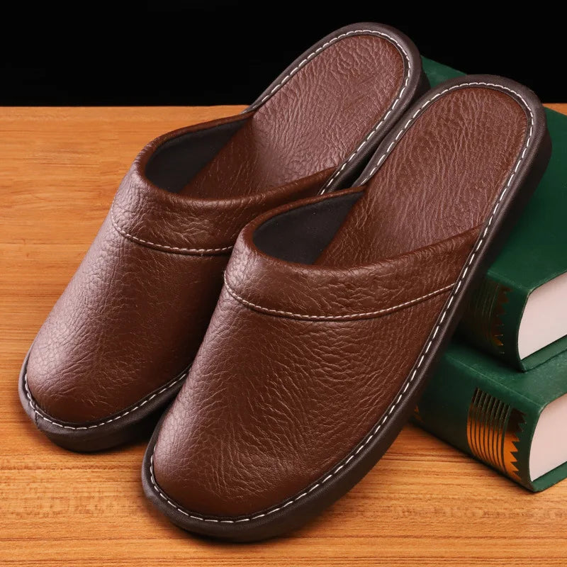 Men's Leather Slippers with Stitched Trim