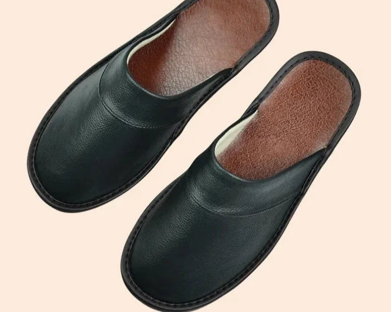 Men's Leather Slippers with Stitched Trim