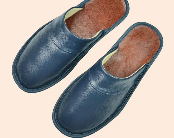 Men's Leather Slippers with Stitched Trim
