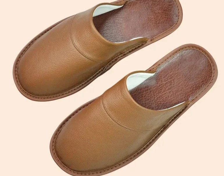 Men's Leather Slippers with Stitched Trim