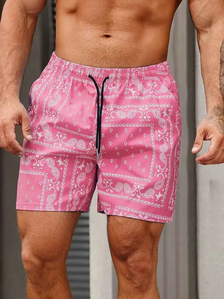 Men's Paisley Print Board Shorts with Side Pockets