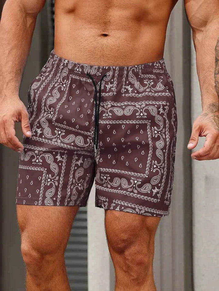 Men's Paisley Print Board Shorts with Side Pockets