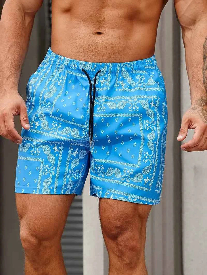 Men's Paisley Print Board Shorts with Side Pockets