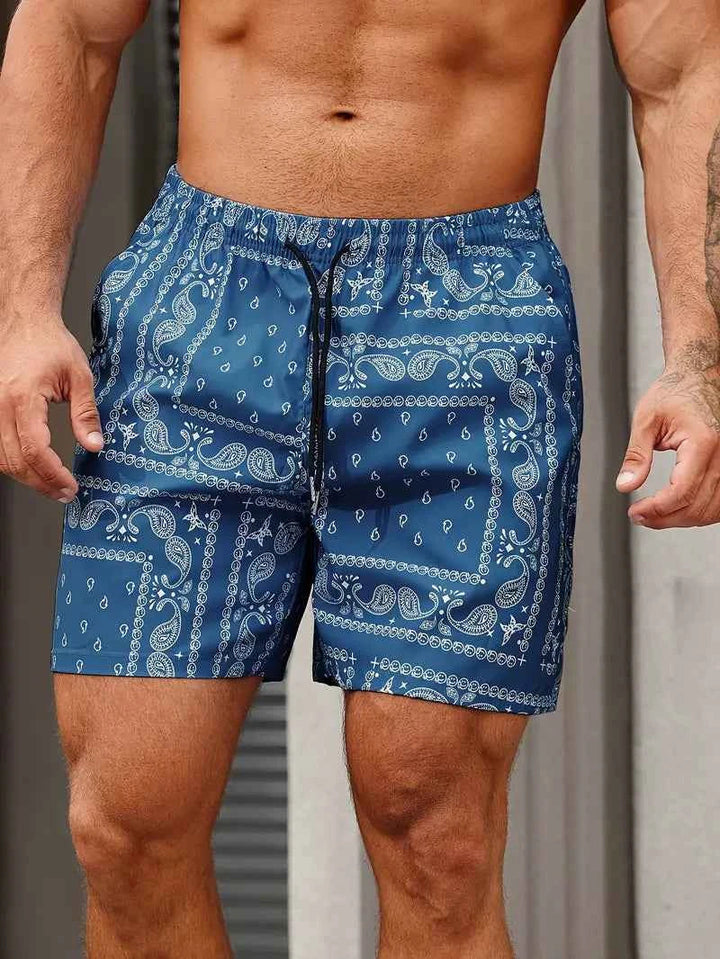 Men's Paisley Print Board Shorts with Side Pockets