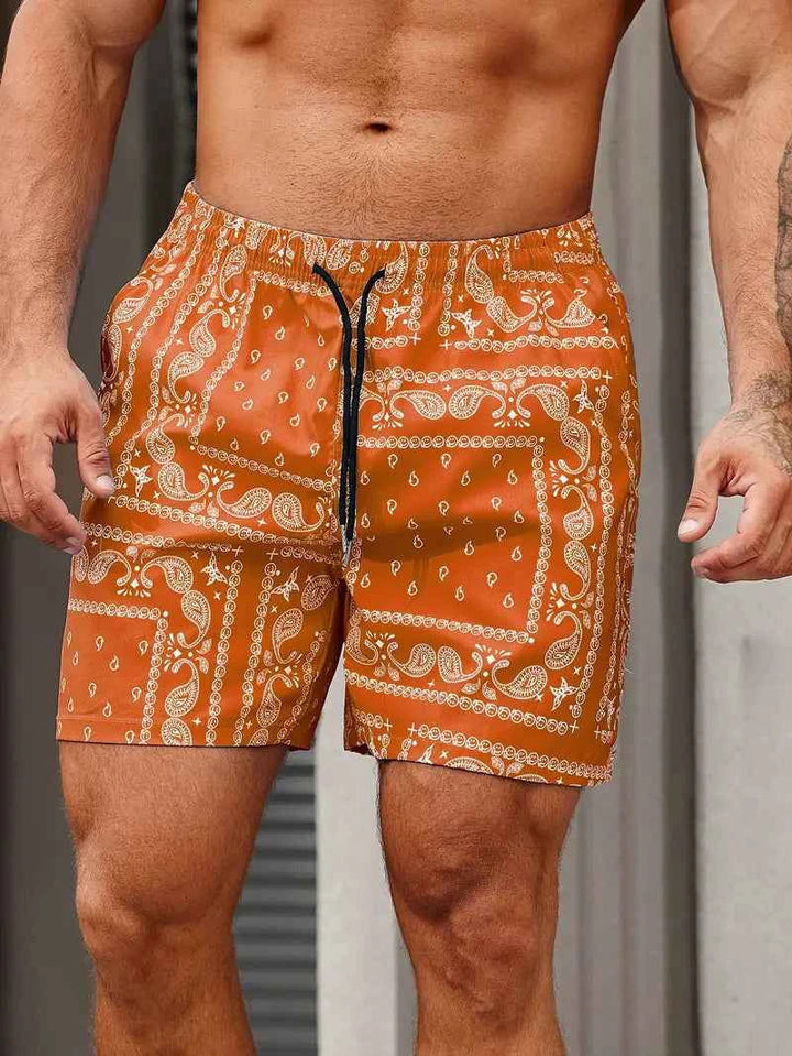 Men's Paisley Print Board Shorts with Side Pockets