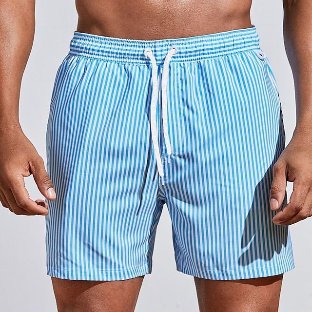 Men's Striped Board Shorts with Drawstring Waist