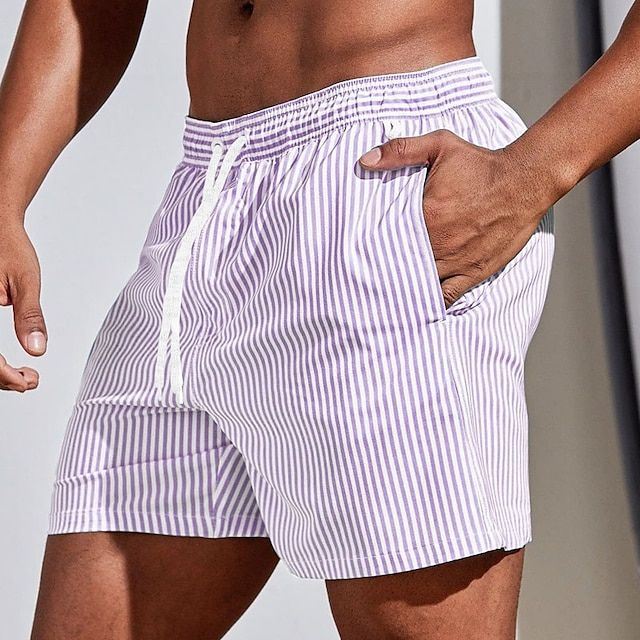Men's Striped Board Shorts with Drawstring Waist