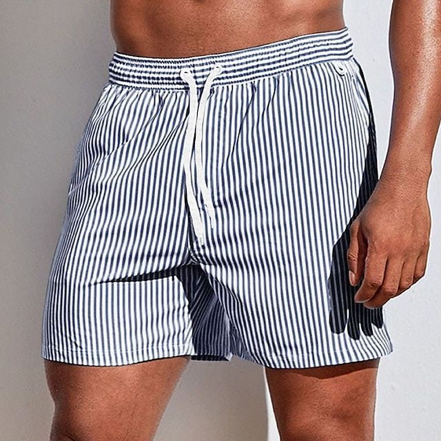 Men's Striped Board Shorts with Drawstring Waist