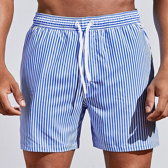 Men's Striped Board Shorts with Drawstring Waist