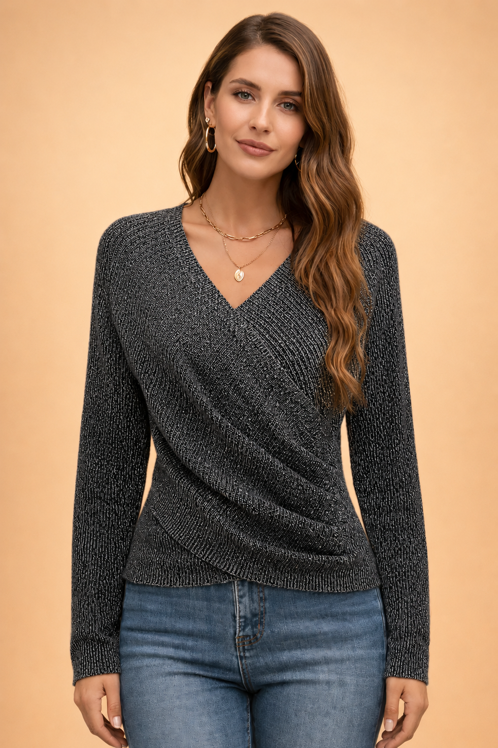 Wrap Front V Neck Knit Sweater