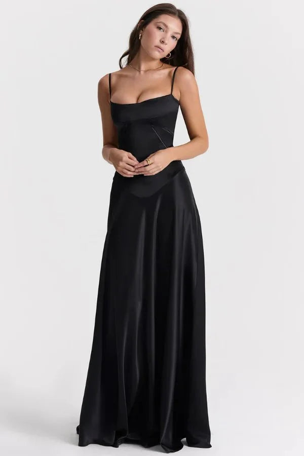 Elegant Lace-Up Satin Maxi Dress