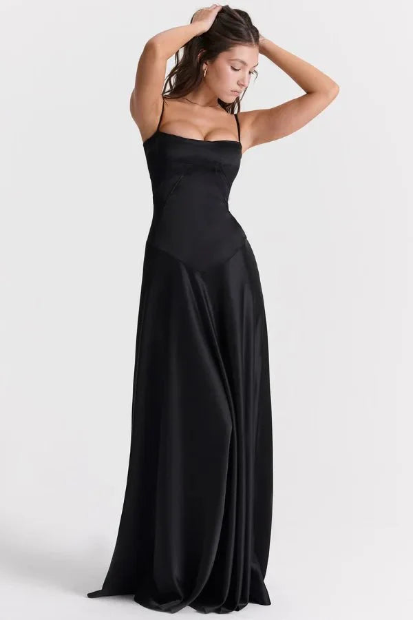 Elegant Lace-Up Satin Maxi Dress