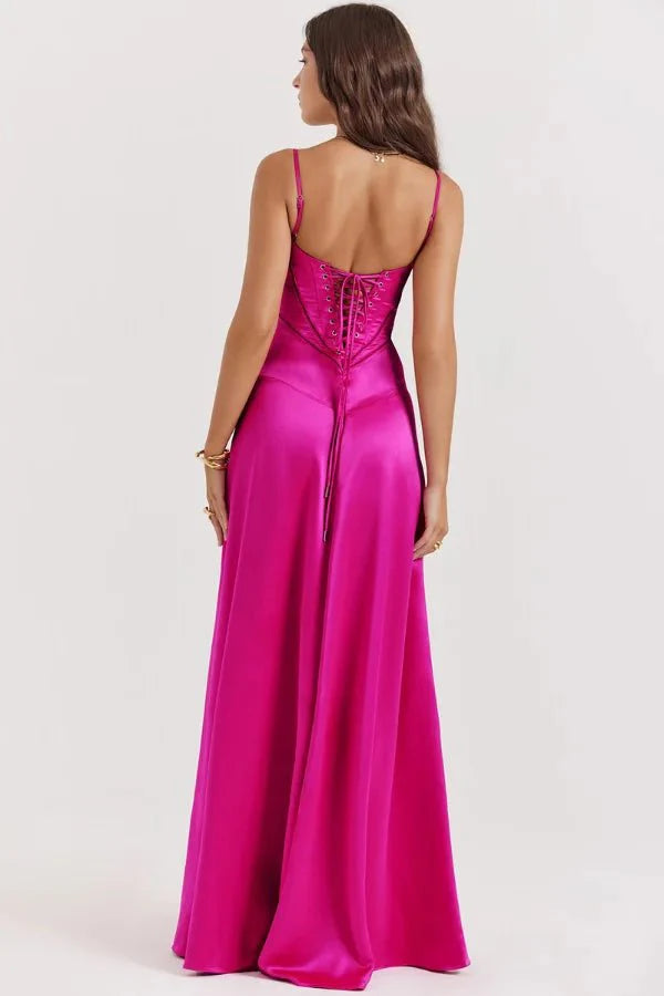 Elegant Lace-Up Satin Maxi Dress