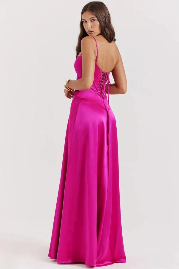 Elegant Lace-Up Satin Maxi Dress