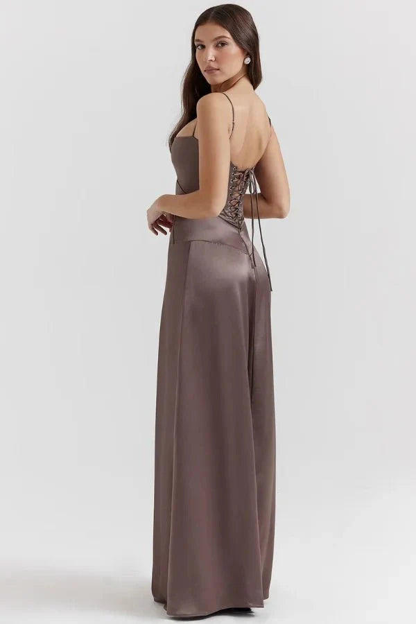 Elegant Lace-Up Satin Maxi Dress