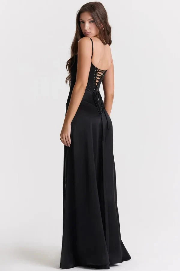 Elegant Lace-Up Satin Maxi Dress
