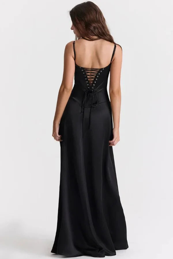 Elegant Lace-Up Satin Maxi Dress