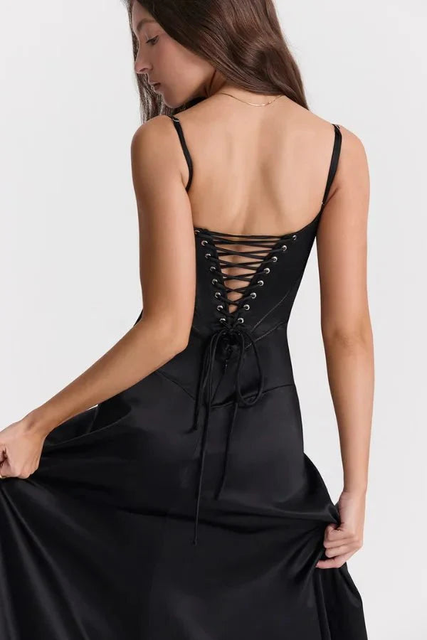 Elegant Lace-Up Satin Maxi Dress