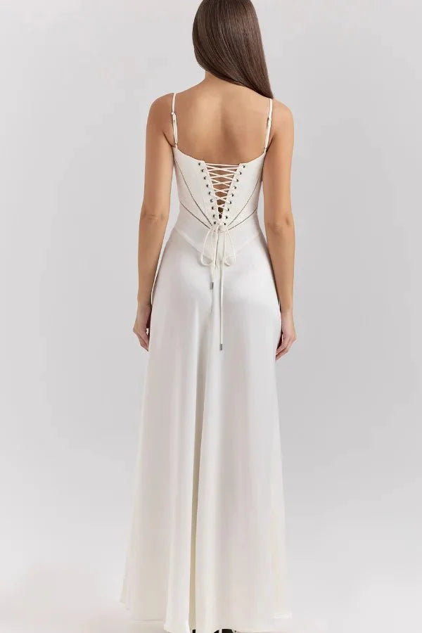 Elegant Lace-Up Satin Maxi Dress