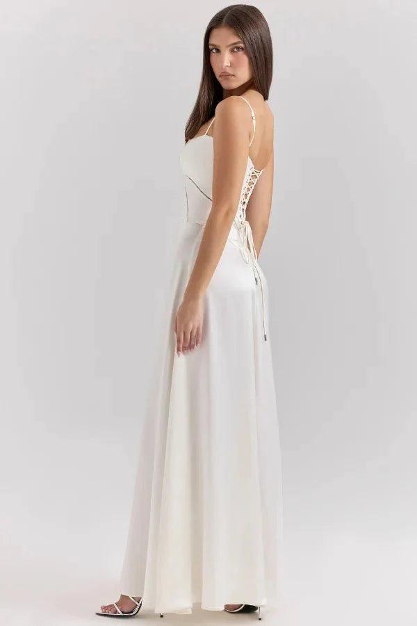 Elegant Lace-Up Satin Maxi Dress