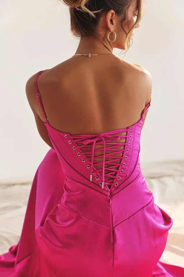 Elegant Lace-Up Satin Maxi Dress