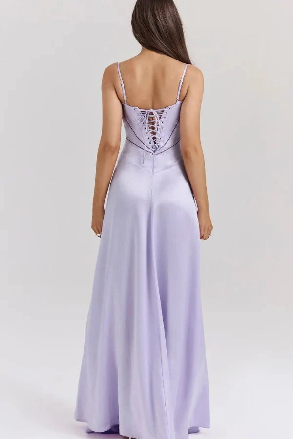 Elegant Lace-Up Satin Maxi Dress