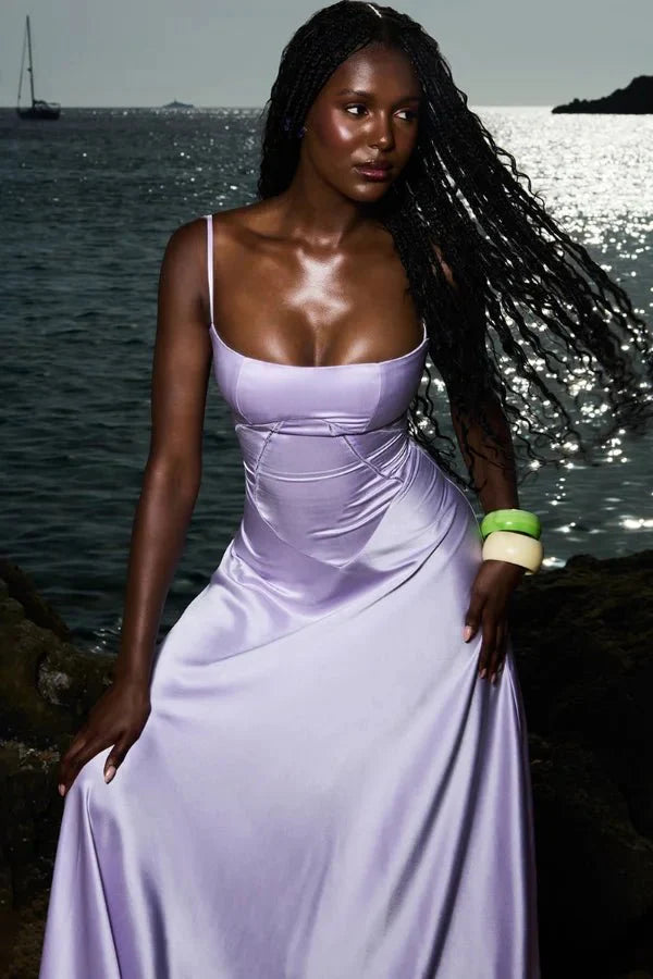 Elegant Lace-Up Satin Maxi Dress