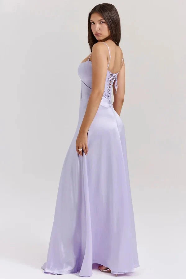 Elegant Lace-Up Satin Maxi Dress