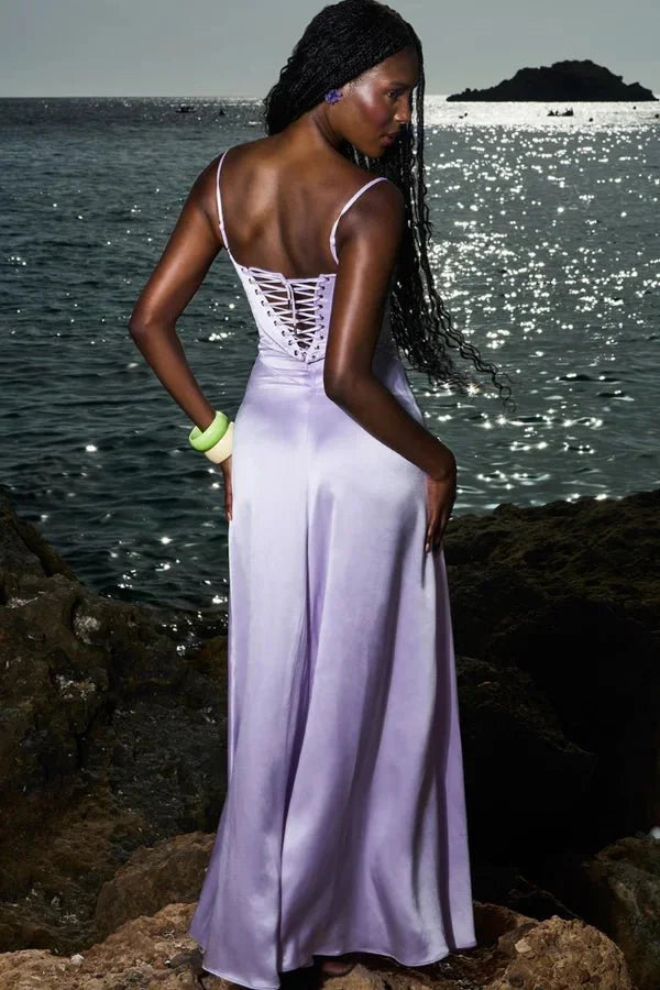 Elegant Lace-Up Satin Maxi Dress