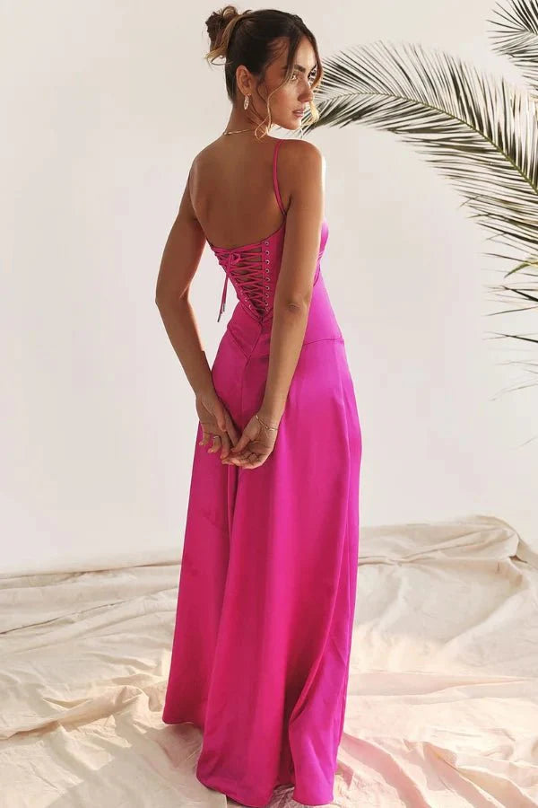 Elegant Lace-Up Satin Maxi Dress