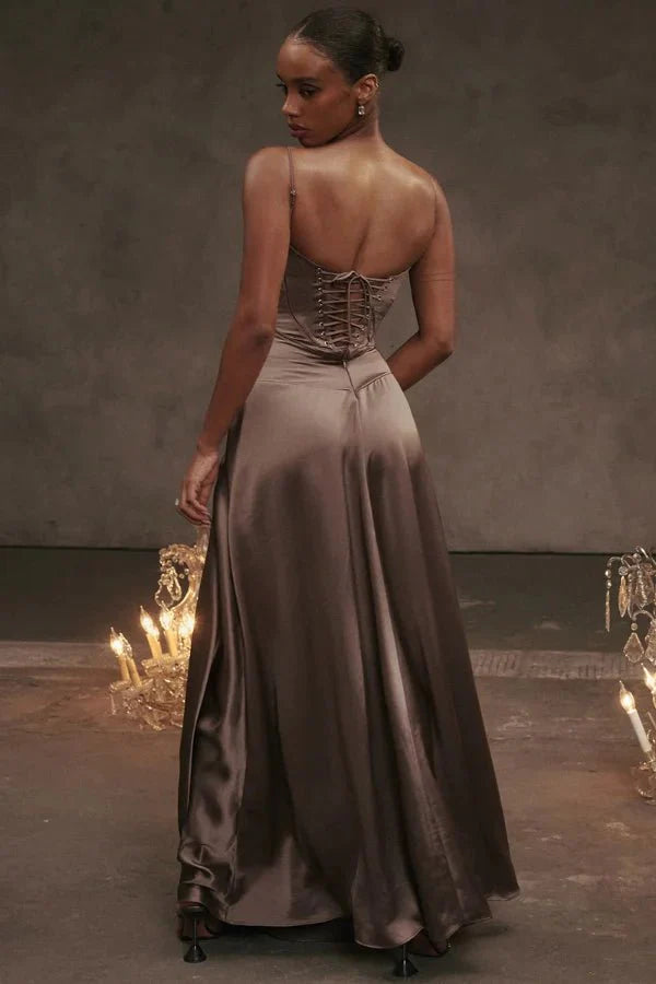 Elegant Lace-Up Satin Maxi Dress