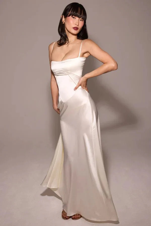 Elegant Lace-Up Satin Maxi Dress
