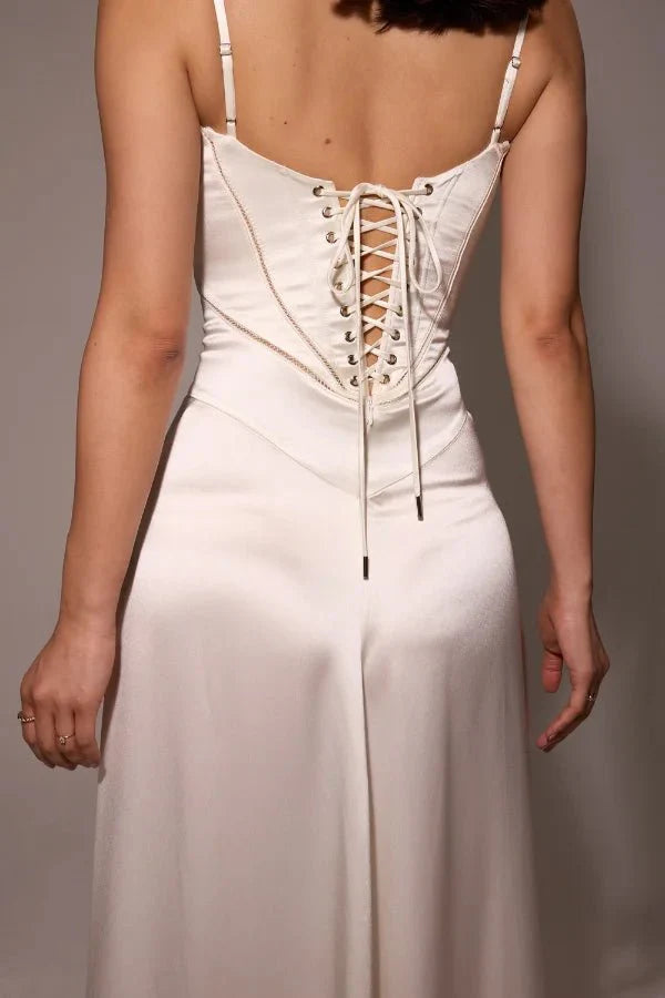 Elegant Lace-Up Satin Maxi Dress