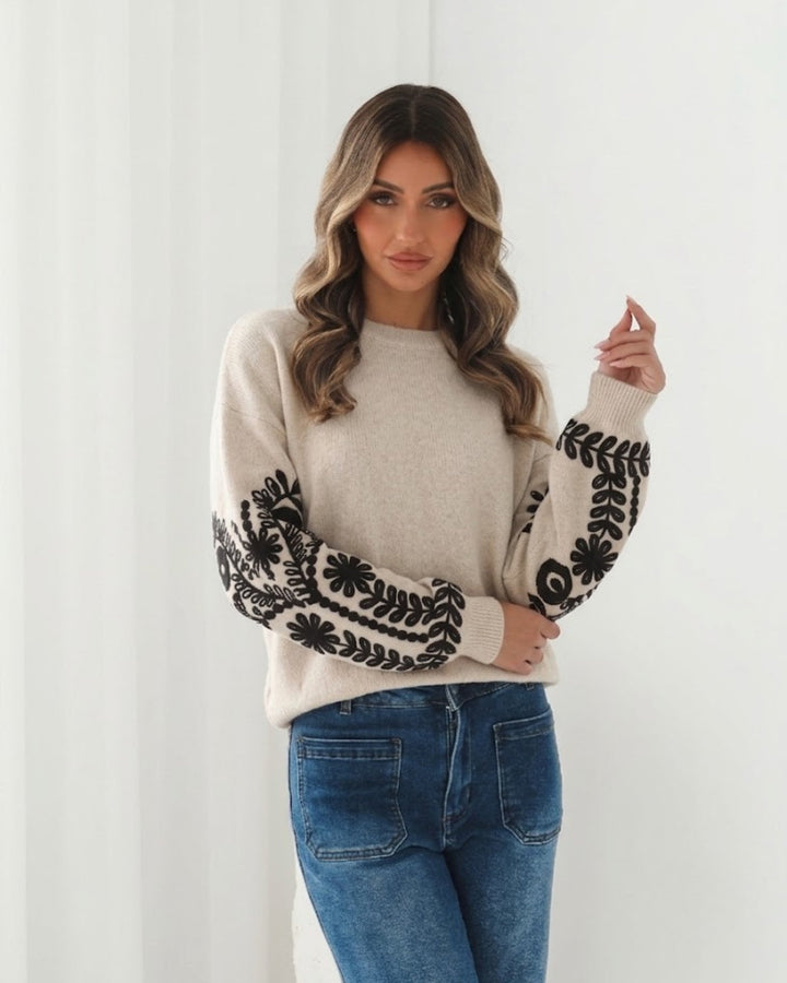 Floral Embroidered Sleeve Knit Sweater