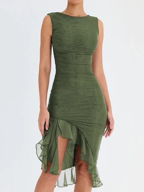 Vivienne | Ruched Ruffle Hem Midi Dress