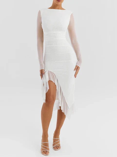Vivienne | Ruched Ruffle Hem Midi Dress