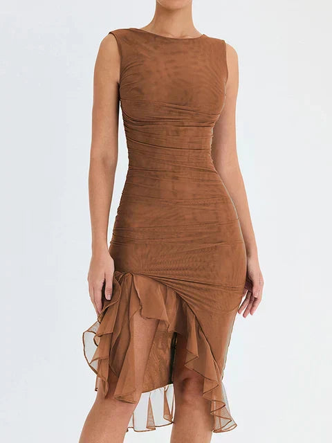 Vivienne | Ruched Ruffle Hem Midi Dress