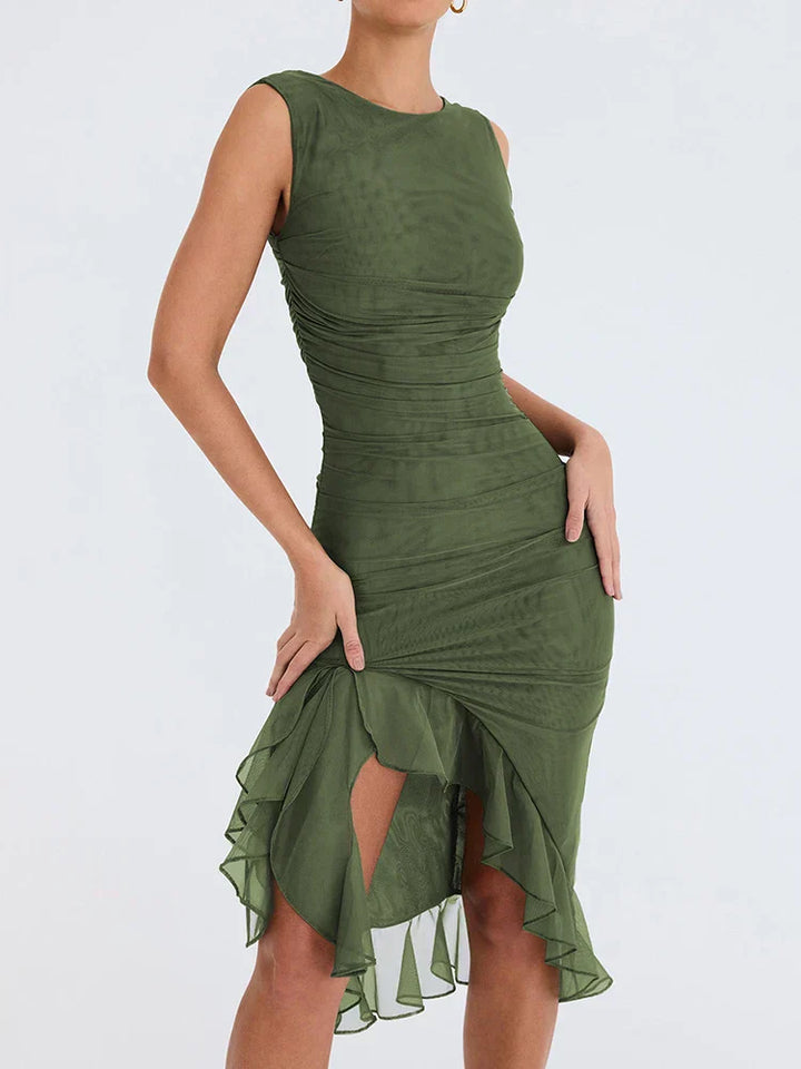 Vivienne | Ruched Ruffle Hem Midi Dress