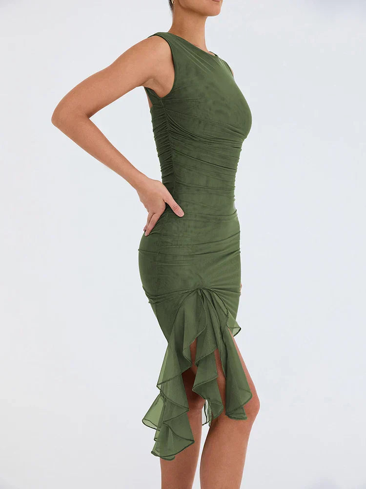 Vivienne | Ruched Ruffle Hem Midi Dress