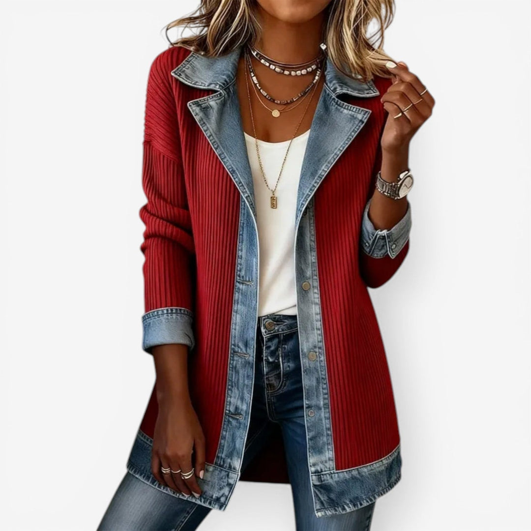 Women's Denim Ribbed Knit Jacket with Layered Collar