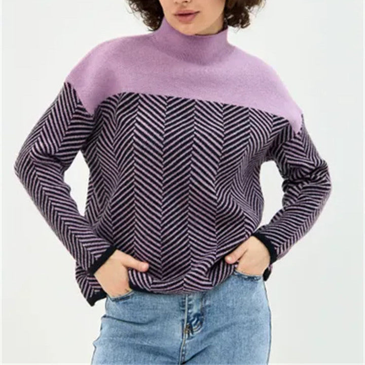 Women's Chevron Knit Jumper with High Neck Relaxed Fit