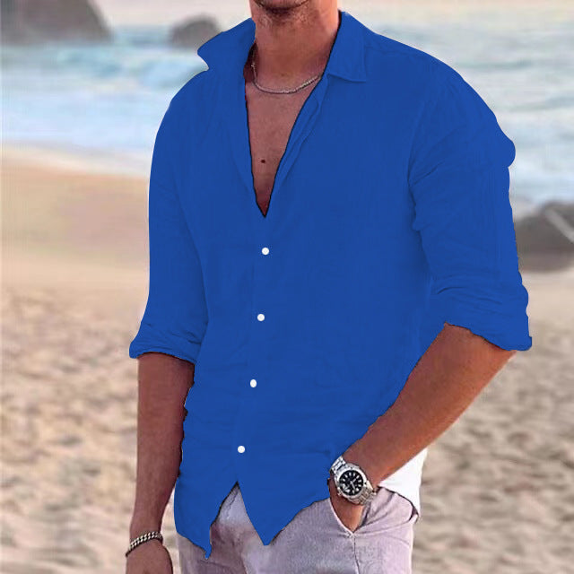 Men's Linen Button-Up Shirt with Point Collar