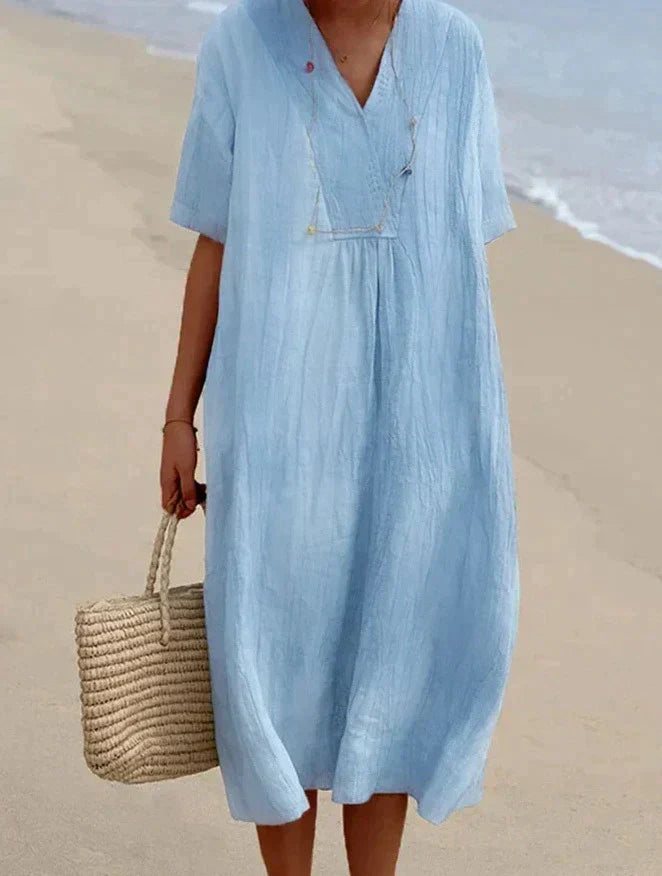Women's Linen V-Neck Maxi Dress with Short Sleeves