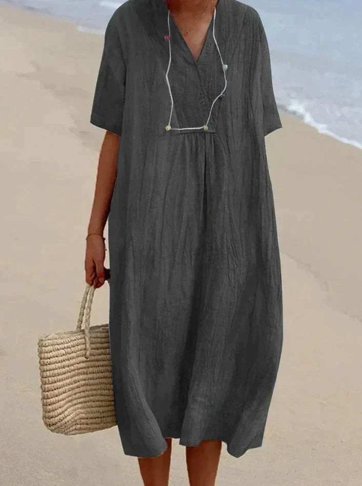 Women's Linen V-Neck Maxi Dress with Short Sleeves