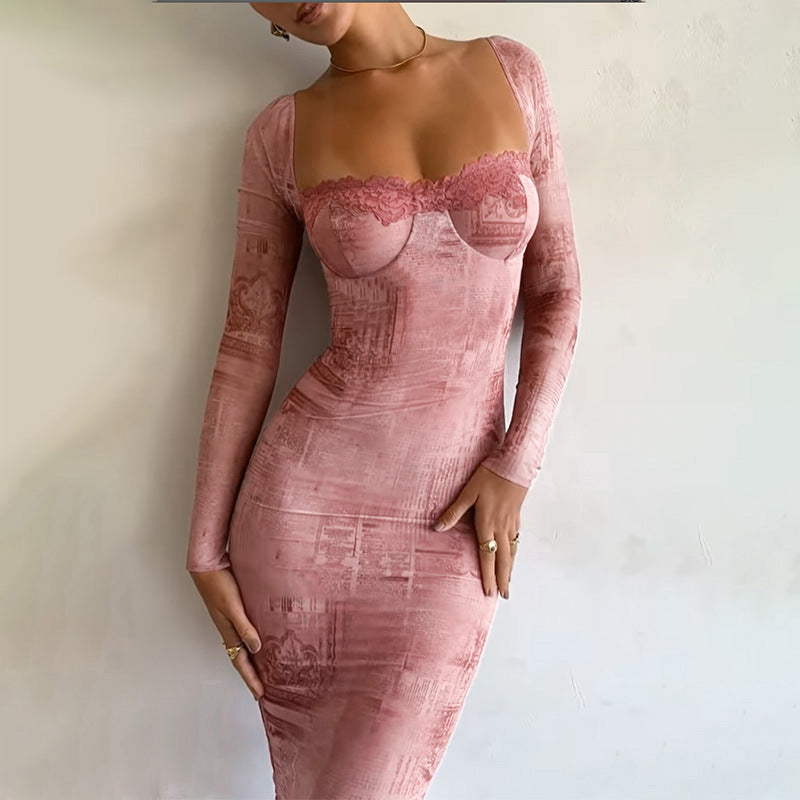 Delilah | Lace Trim Long Sleeve Midi Dress