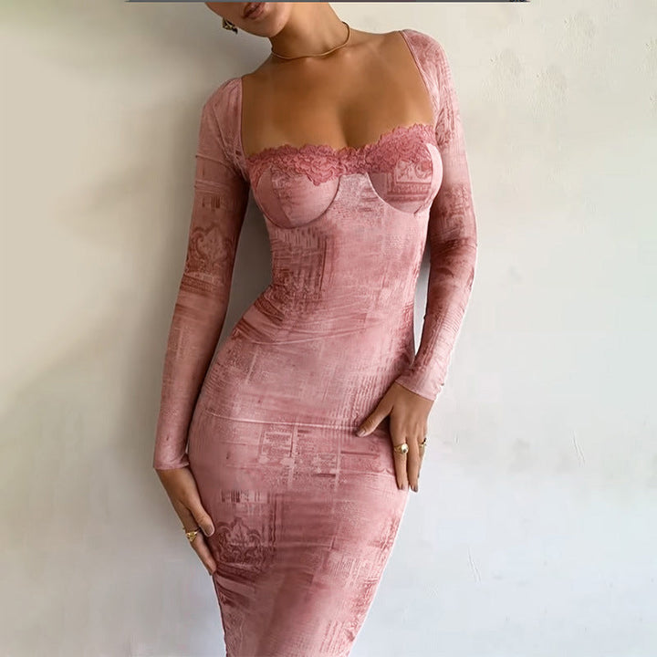 Delilah | Lace Trim Long Sleeve Midi Dress