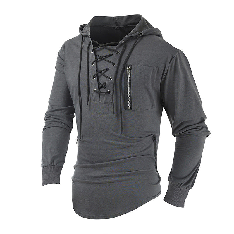 Men's Lace-Up Front Hoodie with Zip Chest Pocket