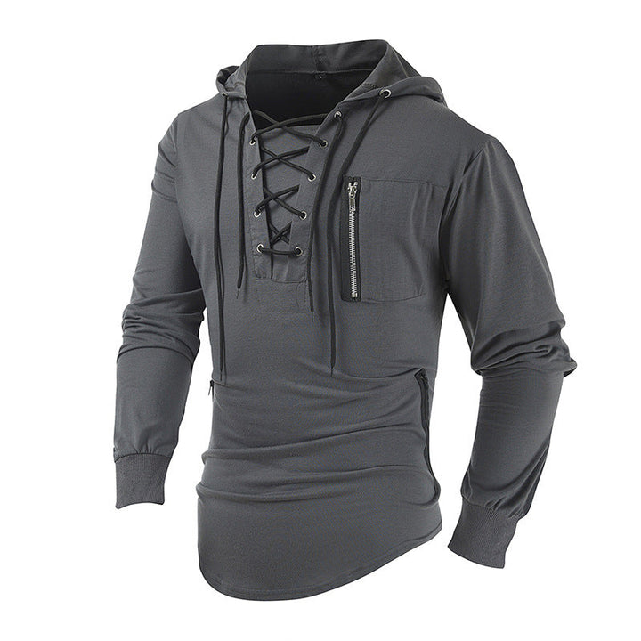Men's Lace-Up Front Hoodie with Zip Chest Pocket