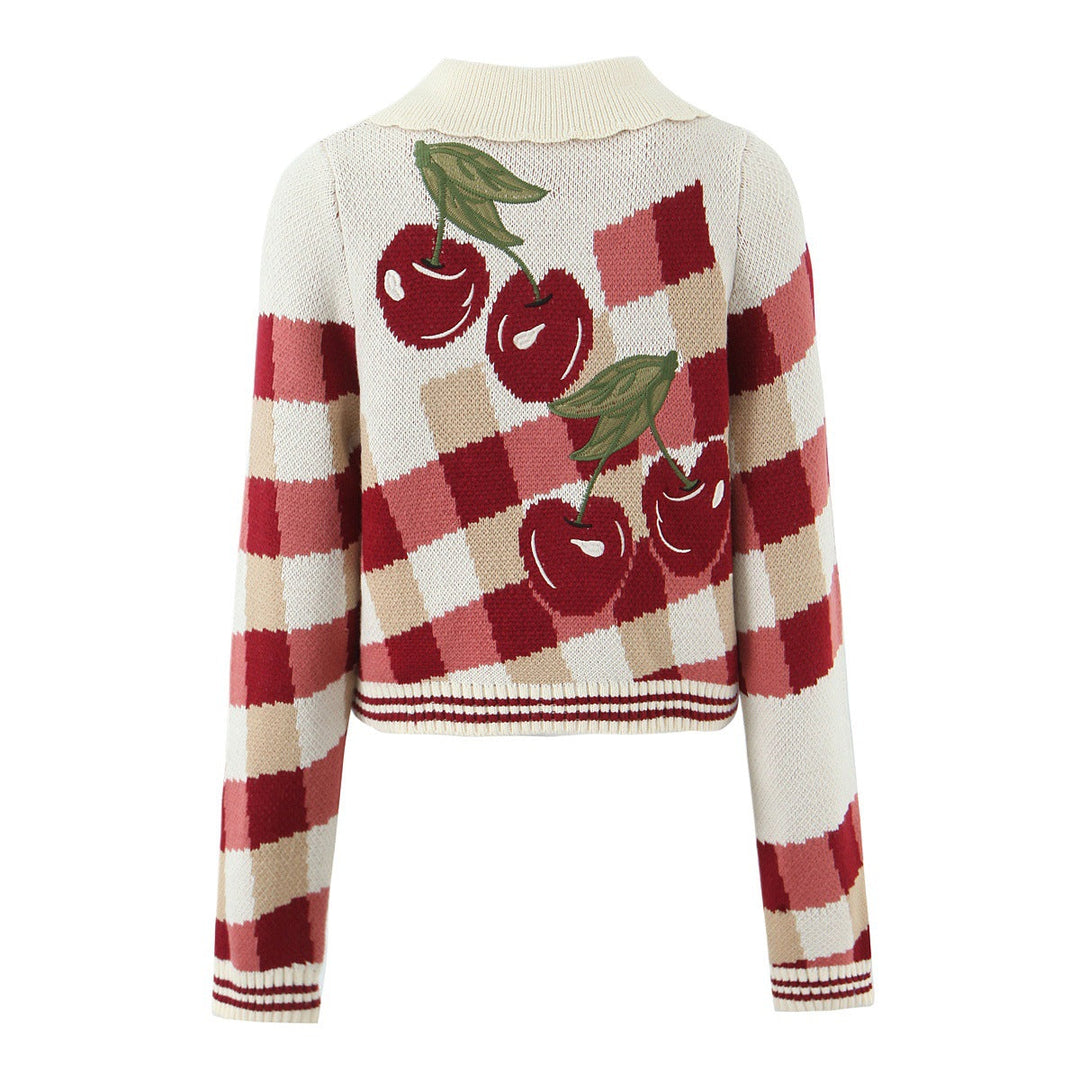 Camila | Cherry Print Collared Knit Cardigan