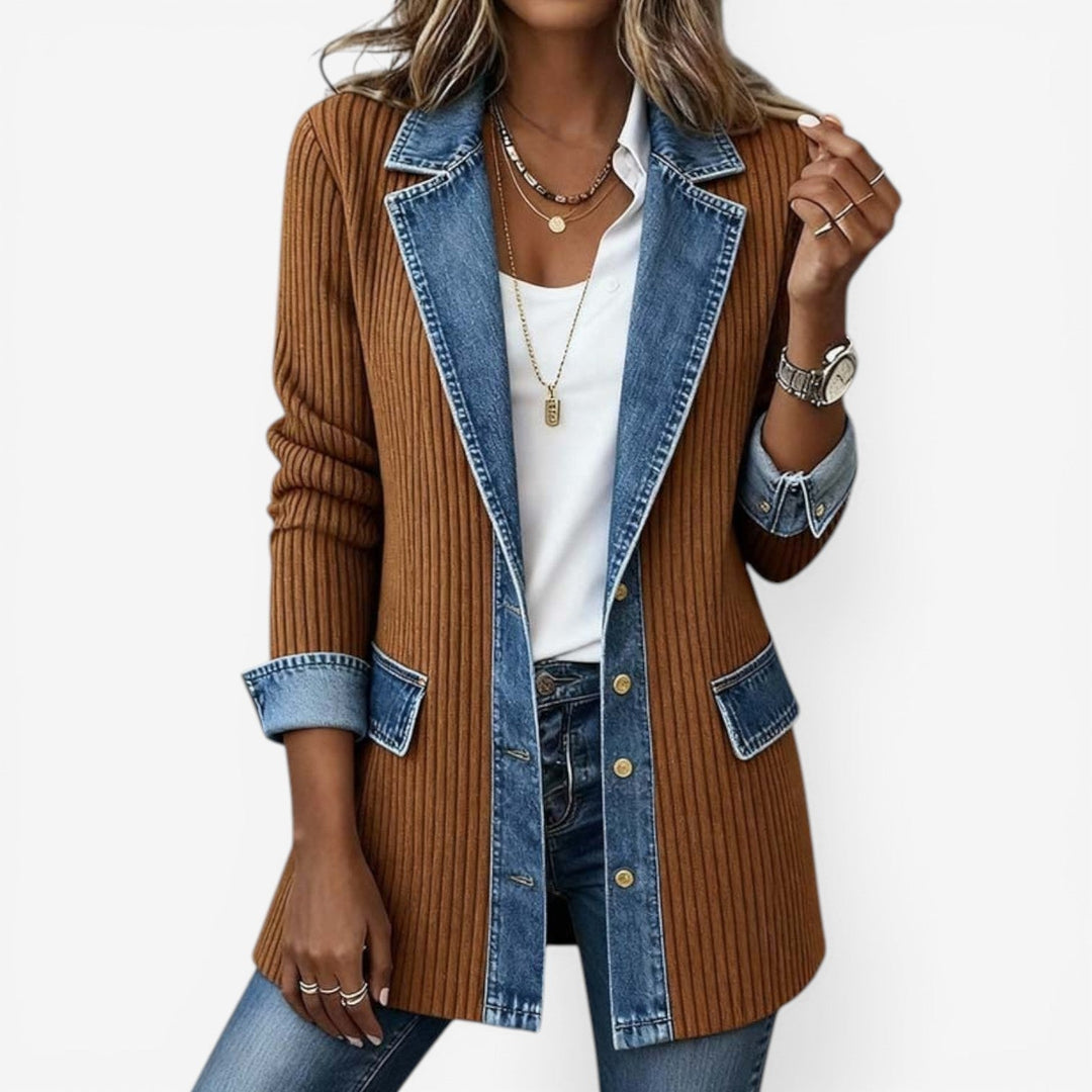 Women's Denim Ribbed Knit Jacket with Layered Collar